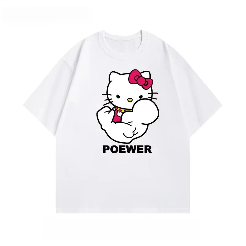 Fitness Muscle Hello Kitty Cartoon Printed Cotton Short Sleeve T-Shirt Flower Ladies Summer Fashion Loose Casual Versatile Top