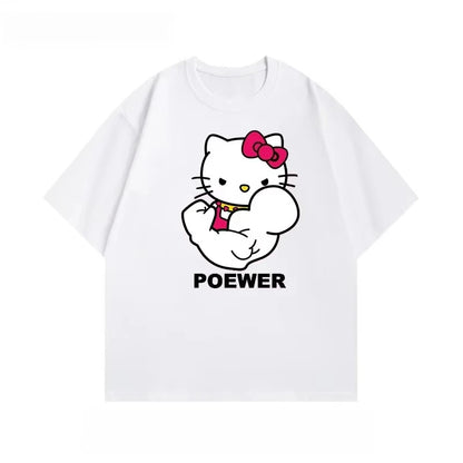 Fitness Muscle Hello Kitty Cartoon Printed Cotton Short Sleeve T-Shirt Flower Ladies Summer Fashion Loose Casual Versatile Top