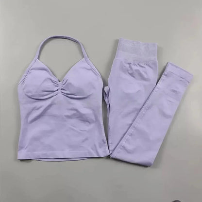 Fitness Girl Yoga Ladies 2-piece Set Long Neck Halter Tank Top Hip Lift Fitness Pants Comfortable Breathable Set Sportswear