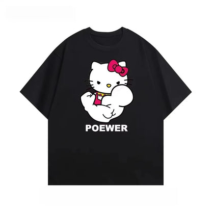 Fitness Muscle Hello Kitty Cartoon Printed Cotton Short Sleeve T-Shirt Flower Ladies Summer Fashion Loose Casual Versatile Top