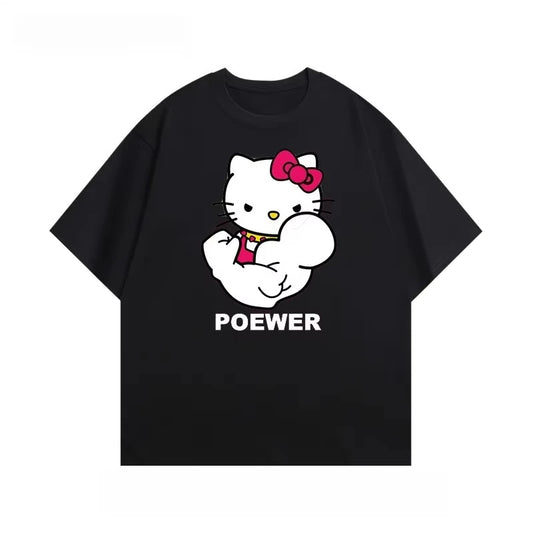 Fitness Muscle Hello Kitty Cartoon Printed Cotton Short Sleeve T-Shirt Flower Ladies Summer Fashion Loose Casual Versatile Top