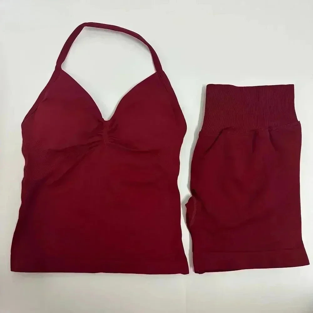 Fitness Girl Comfortable and Breathable Sports Neck Long Tank and Shorts Set Sports Yoga Vest Fitness Exercise Yoga Suit Set