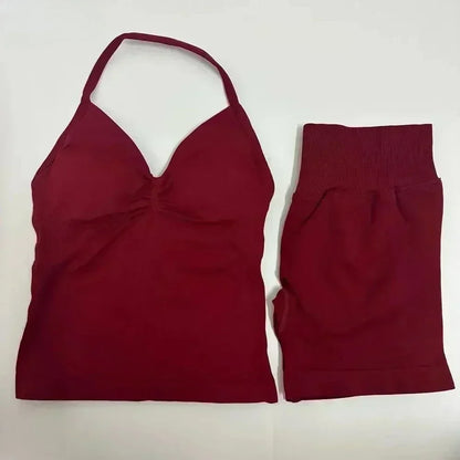 Fitness Girl Comfortable and Breathable Sports Neck Long Tank and Shorts Set Sports Yoga Vest Fitness Exercise Yoga Suit Set