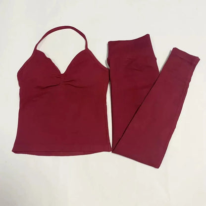 Fitness Girl Yoga Ladies 2-piece Set Long Neck Halter Tank Top Hip Lift Fitness Pants Comfortable Breathable Set Sportswear