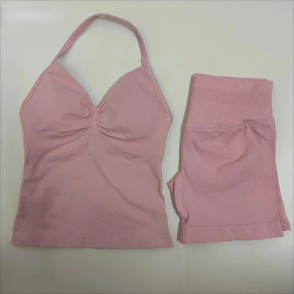 Fitness Girl Comfortable and Breathable Sports Neck Long Tank and Shorts Set Sports Yoga Vest Fitness Exercise Yoga Suit Set