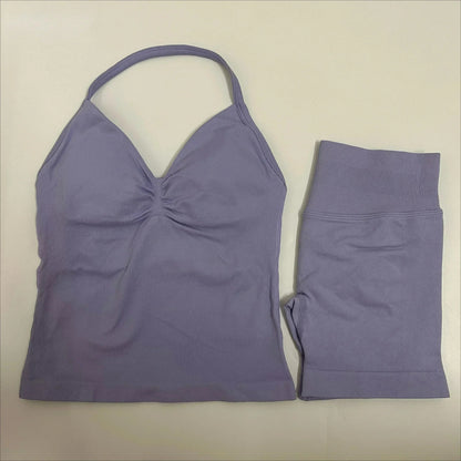 Fitness Girl Comfortable and Breathable Sports Neck Long Tank and Shorts Set Sports Yoga Vest Fitness Exercise Yoga Suit Set