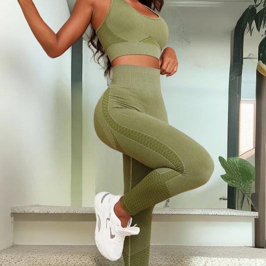 Women's Tracksuit Fitness Suit Yoga Sets Sportswear Outfit Solid Color Tank Tops with High Waist Leggings Seamless Tracksuit Set