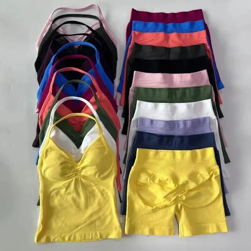 Fitness Girl Comfortable and Breathable Sports Neck Long Tank and Shorts Set Sports Yoga Vest Fitness Exercise Yoga Suit Set