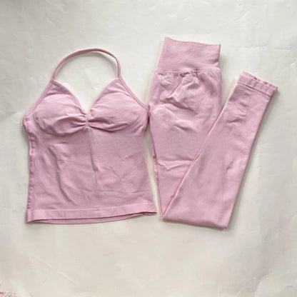 Fitness Girl Yoga Ladies 2-piece Set Long Neck Halter Tank Top Hip Lift Fitness Pants Comfortable Breathable Set Sportswear