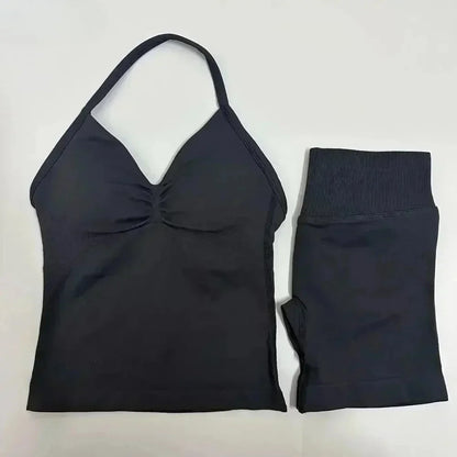 Fitness Girl Comfortable and Breathable Sports Neck Long Tank and Shorts Set Sports Yoga Vest Fitness Exercise Yoga Suit Set