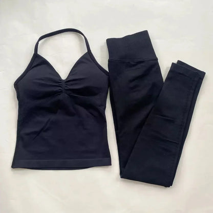 Fitness Girl Yoga Ladies 2-piece Set Long Neck Halter Tank Top Hip Lift Fitness Pants Comfortable Breathable Set Sportswear