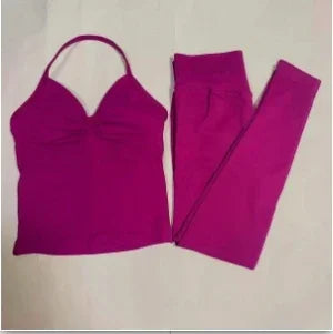Fitness Girl Yoga Ladies 2-piece Set Long Neck Halter Tank Top Hip Lift Fitness Pants Comfortable Breathable Set Sportswear