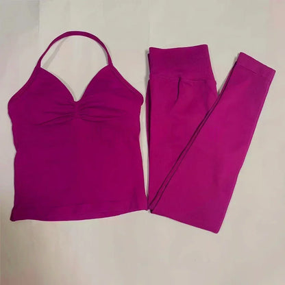 Fitness Girl Yoga Ladies 2-piece Set Long Neck Halter Tank Top Hip Lift Fitness Pants Comfortable Breathable Set Sportswear