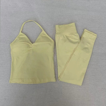 Fitness Girl Yoga Ladies 2-piece Set Long Neck Halter Tank Top Hip Lift Fitness Pants Comfortable Breathable Set Sportswear