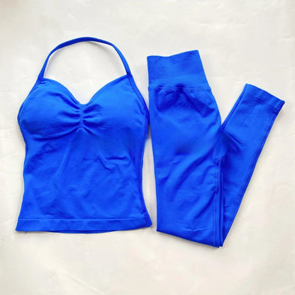 Fitness Girl Yoga Ladies 2-piece Set Long Neck Halter Tank Top Hip Lift Fitness Pants Comfortable Breathable Set Sportswear