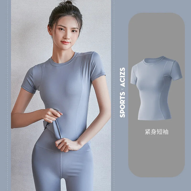 Fitness Women's Shirts Quick Drying T Shirt Elastic Yoga Sport Tights Gym Running Tops Short Sleeve Tees Blouses Jersey camisole