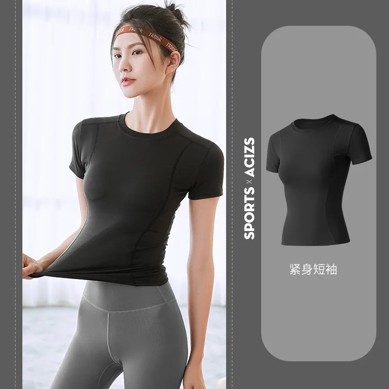 Fitness Women's Shirts Quick Drying T Shirt Elastic Yoga Sport Tights Gym Running Tops Short Sleeve Tees Blouses Jersey camisole