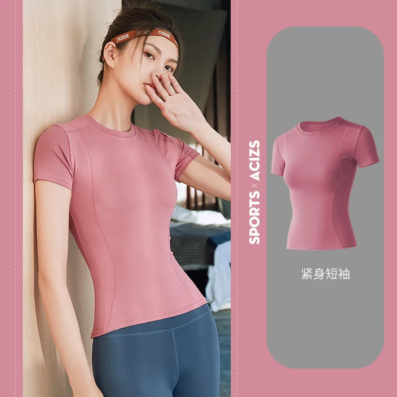 Fitness Women's Shirts Quick Drying T Shirt Elastic Yoga Sport Tights Gym Running Tops Short Sleeve Tees Blouses Jersey camisole