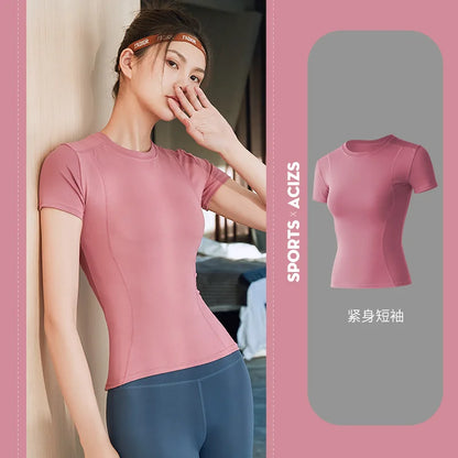 Fitness Women's Shirts Quick Drying T Shirt Elastic Yoga Sport Tights Gym Running Tops Short Sleeve Tees Blouses Jersey camisole