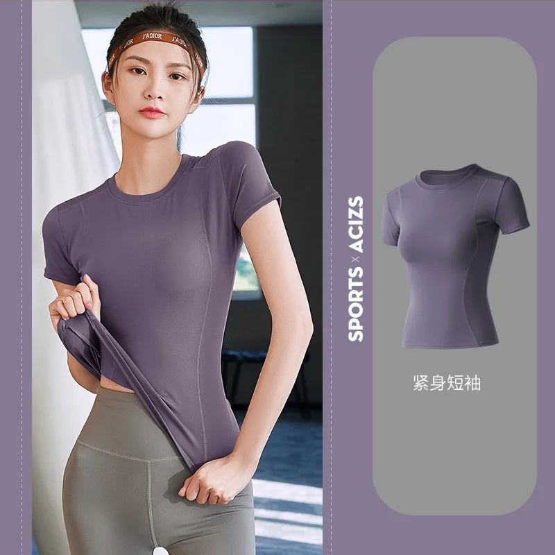Fitness Women's Shirts Quick Drying T Shirt Elastic Yoga Sport Tights Gym Running Tops Short Sleeve Tees Blouses Jersey camisole