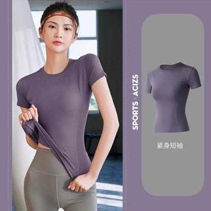 Fitness Women's Shirts Quick Drying T Shirt Elastic Yoga Sport Tights Gym Running Tops Short Sleeve Tees Blouses Jersey camisole