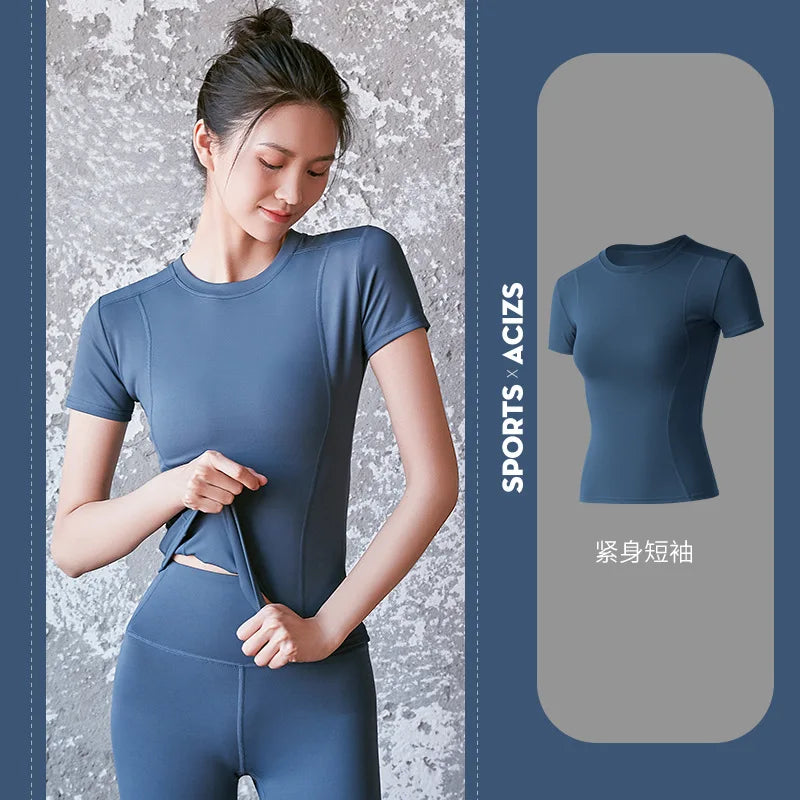Fitness Women's Shirts Quick Drying T Shirt Elastic Yoga Sport Tights Gym Running Tops Short Sleeve Tees Blouses Jersey camisole